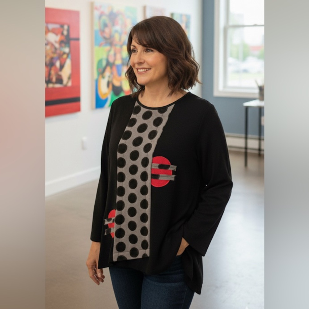 Moonlight, Black and Gray Polka Dot Top with Red Accents